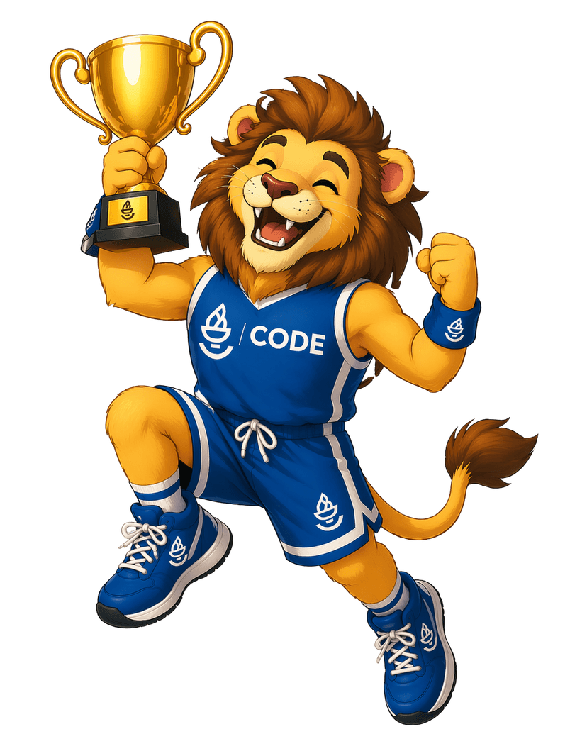 Mascota CODE Jalisco celebrando con trofeo